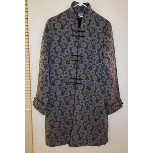 Asian Trends 100% Silk Gray Geometric Long Jacket Fits L (tagged XXL) 21" PtoP